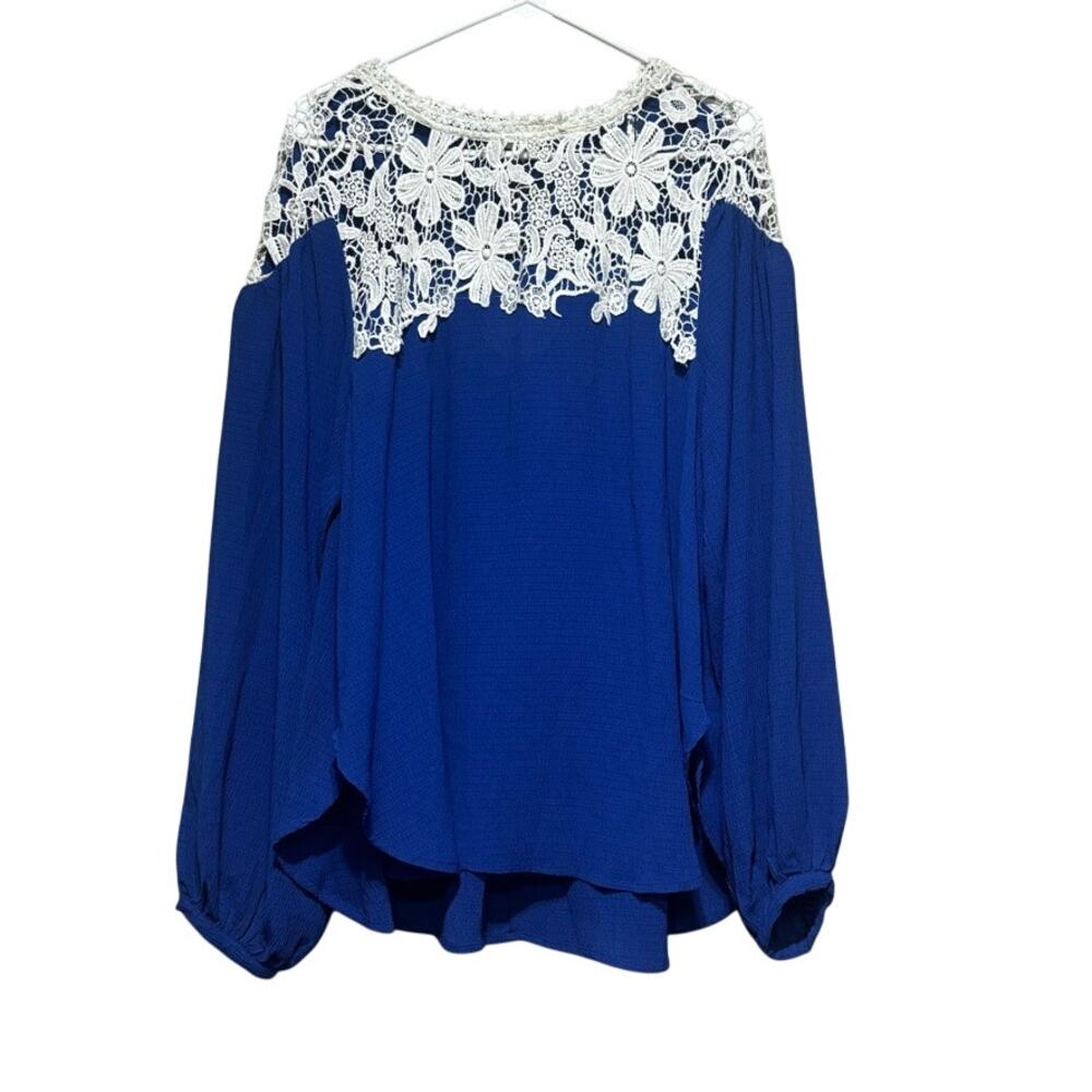 Umgee Womens Medium M Royal Blue Crochet Floral Lace Balloon Sleeve Boho Blouse - Picture 1 of 10